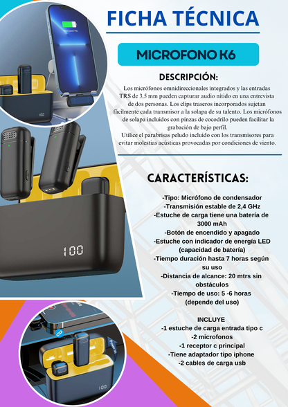 🎤 Micrófono Inalámbrico de Solapa K6